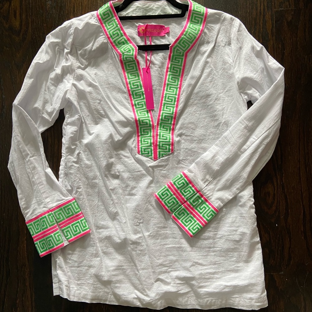 NWT Cotton tunic w brocade pink/ green trim - where w jeans, shorts or to beach.